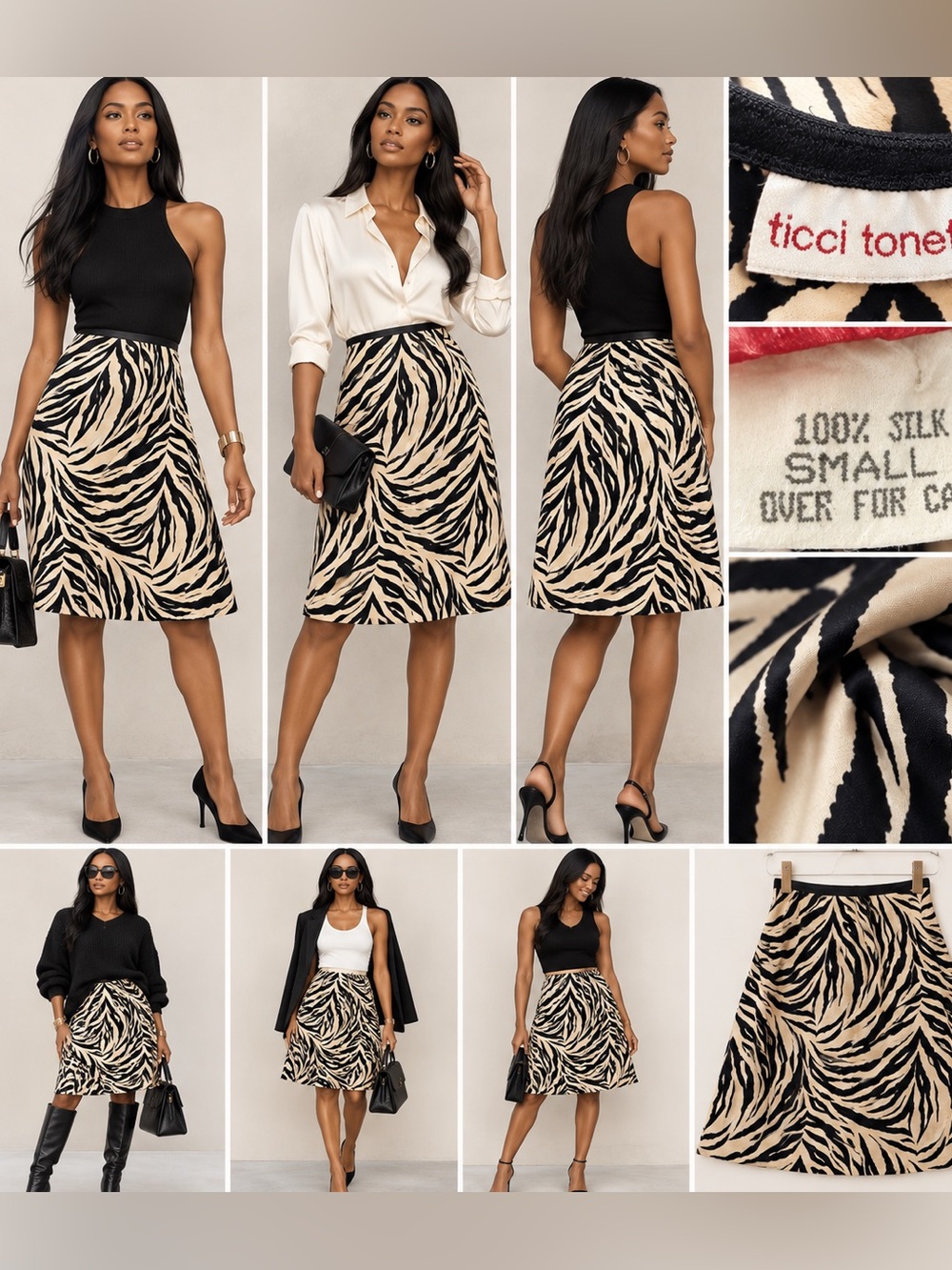 Ticci Tonetto Beige & Black Zebra-Print A-Line Silk Skirt